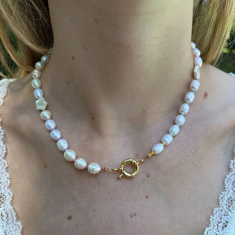 Baroque Freshwater Pearl Hand-knotted Necklace, Rainbow Silk, Gold Fille… - Picture 3 of 10